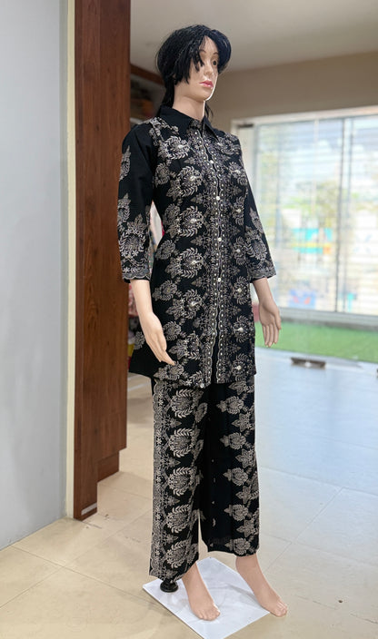 Inweaved cotton dobby co ord set for women with floral woven design, collared top and pant set, sizes 38 to 44
