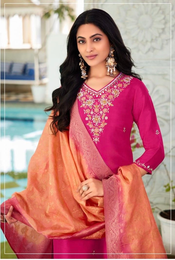 Dola Silk Kurti Set with Russian Silk Pant and Jacquard Dupatta – Handwork Ethnic Set for Women