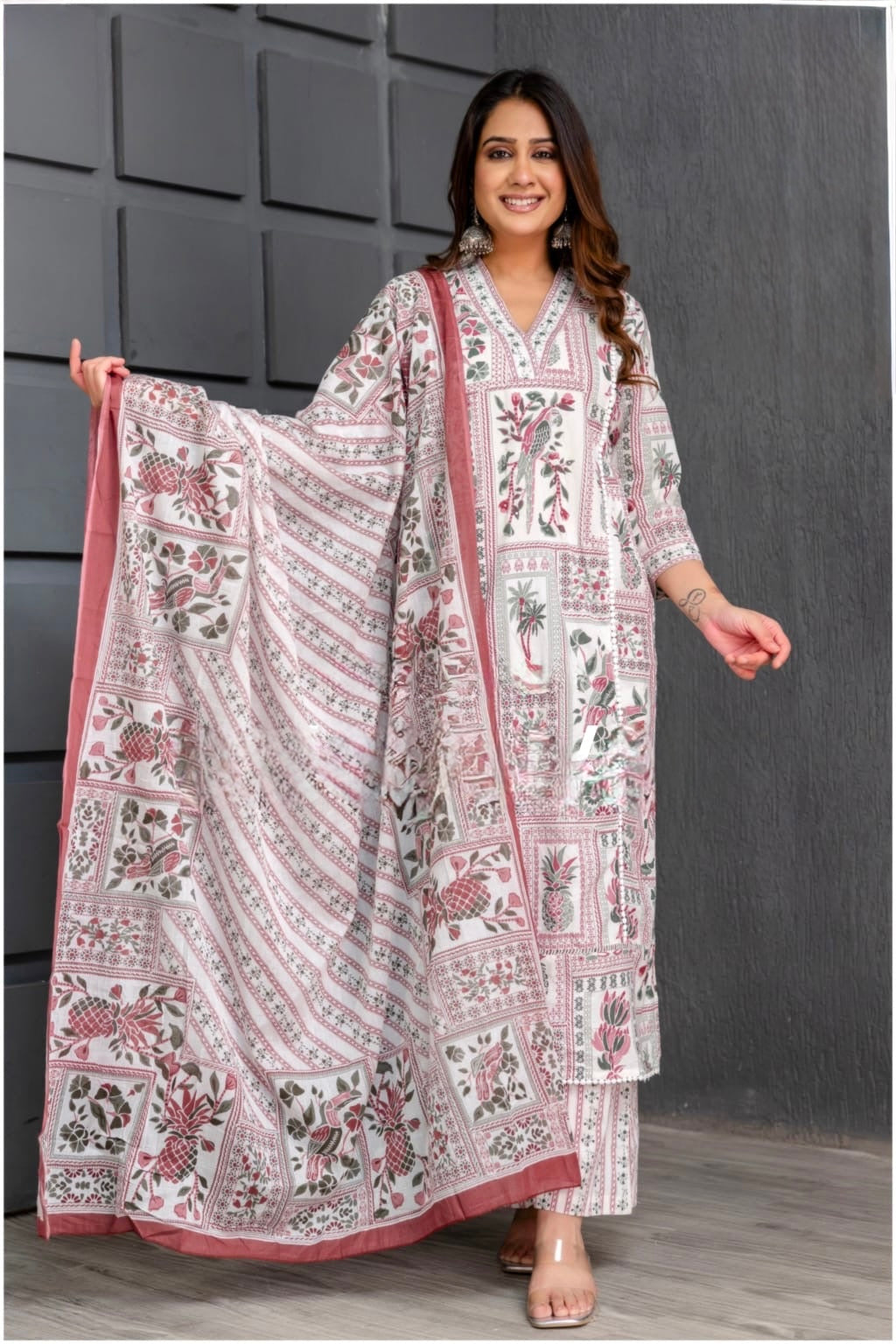Premium Cotton Suit Set with Neemzari Sequence Mirror Work and Printed Dupatta for Women