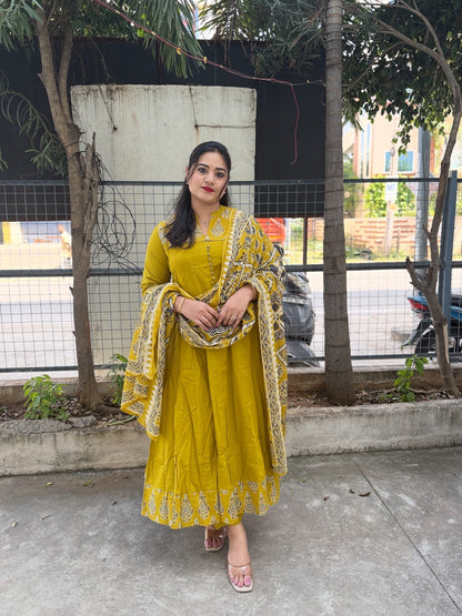 Cotton Printed Anarkali Suit Set with Embroidered Yoke and Dupatta – Mustard Yellow ( Size 40 & 46)