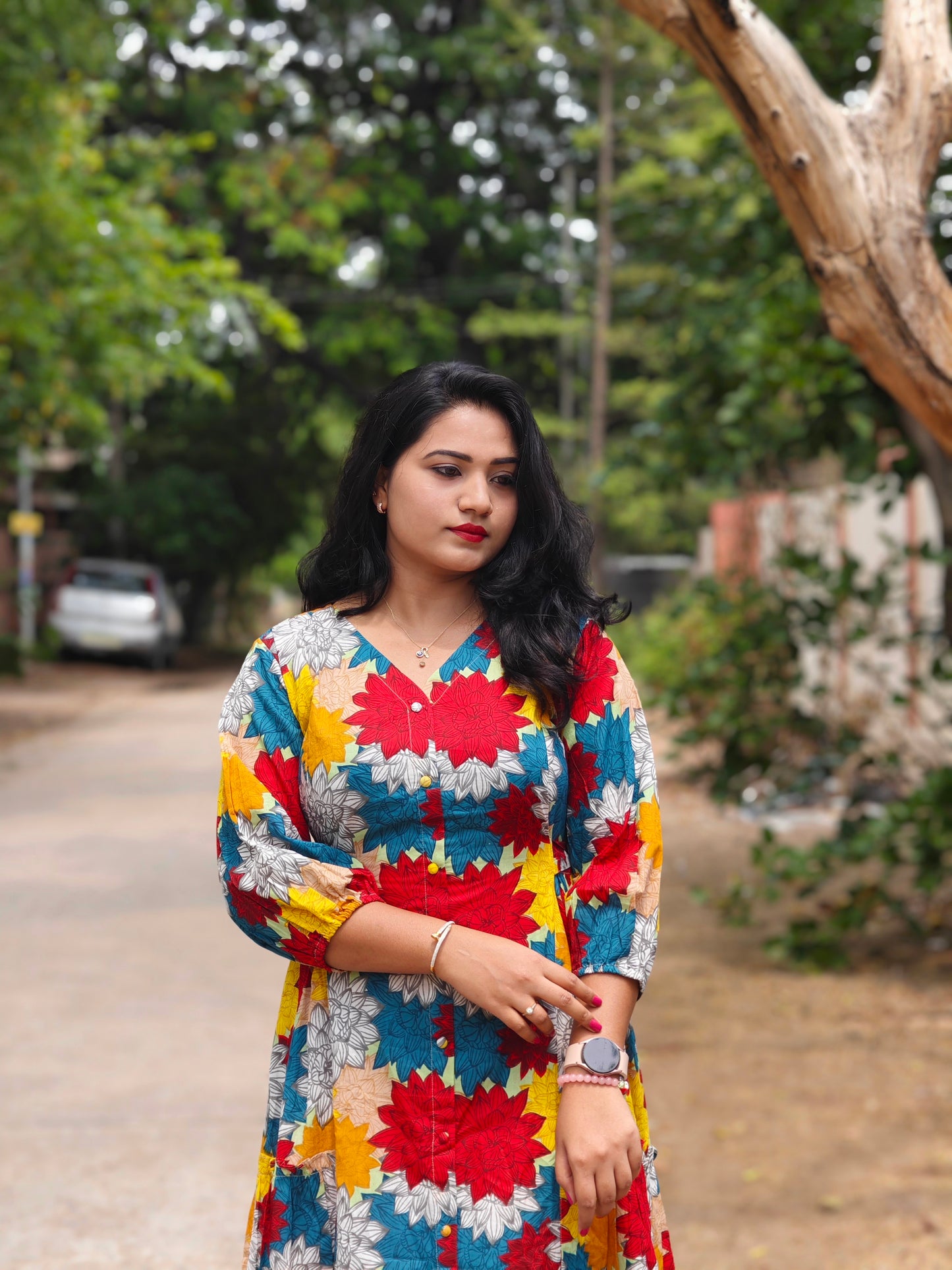 Radiant Blooms Cotton Flared Dress with Multi-Color Floral Panels – Casual & Occasion Wear