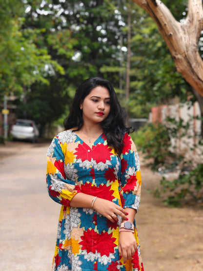 Radiant Blooms Cotton Flared Dress with Multi-Color Floral Panels – Casual & Occasion Wear