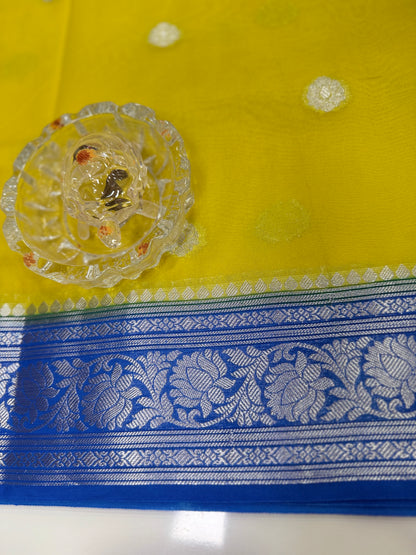 Banarasi semi georgette silk saree with silver zari buti design, contrast pallu and woven border for women