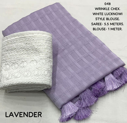 Wrinkle Chex Soft Georgette Saree with Tassel Pallu and Lucknowi White Blouse Piece