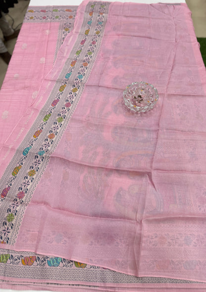 Pure Kora Silk Banarasi Meena Zari Weaving Saree with Blouse Piece – Pink Traditional Festive Wear