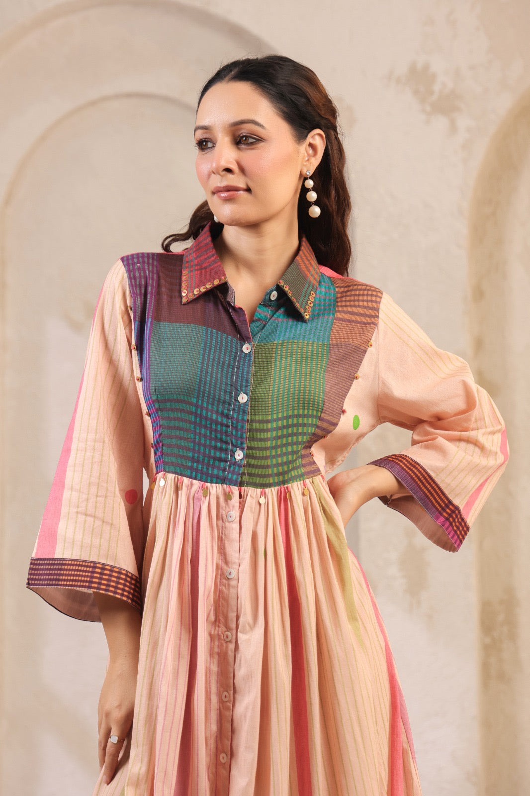 Pastel Panelled Cotton Dress with Checkered Yoke and Hand-Embroidered Motifs – Women’s Full Sleeve Casual Wear