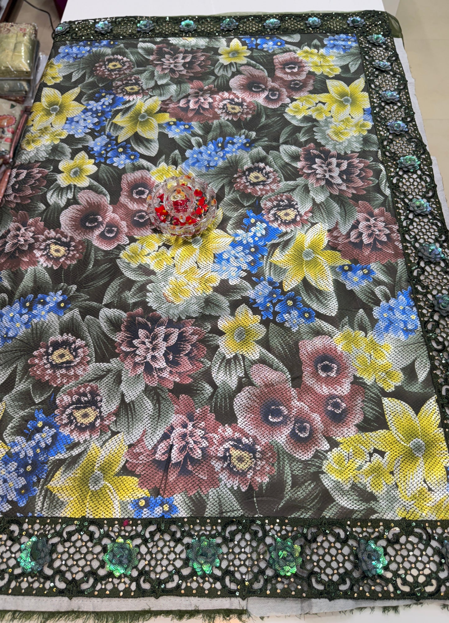 Olive Green Sequin Embroidered Saree for Women – Fancy Designer Fabric with Floral Pallu and Lace Border