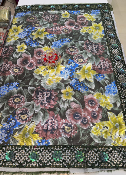 Olive Green Sequin Embroidered Saree for Women – Fancy Designer Fabric with Floral Pallu and Lace Border