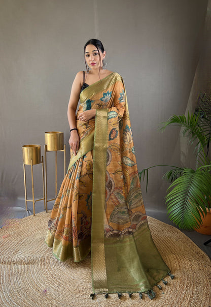 Tussar Silk Saree with Hand-Painted Style Kalamkari Print, Zari Border, and Contrast Blouse
