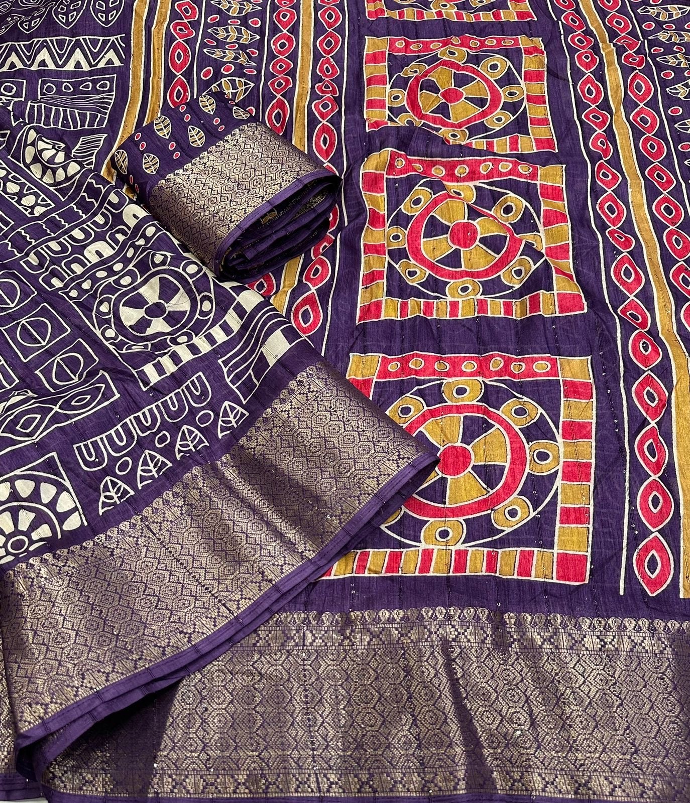 Cotton Crepe Saree with Sequence Work and Batik Print – Running Blouse Included