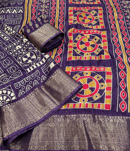 Cotton Crepe Saree with Sequence Work and Batik Print – Running Blouse Included