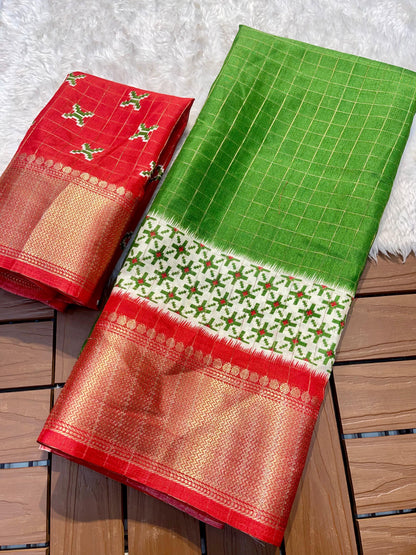 Digital Kalamkari Printed Dola Silk Saree with Gold Zari Jacquard Pattu Border – With Blouse Piece