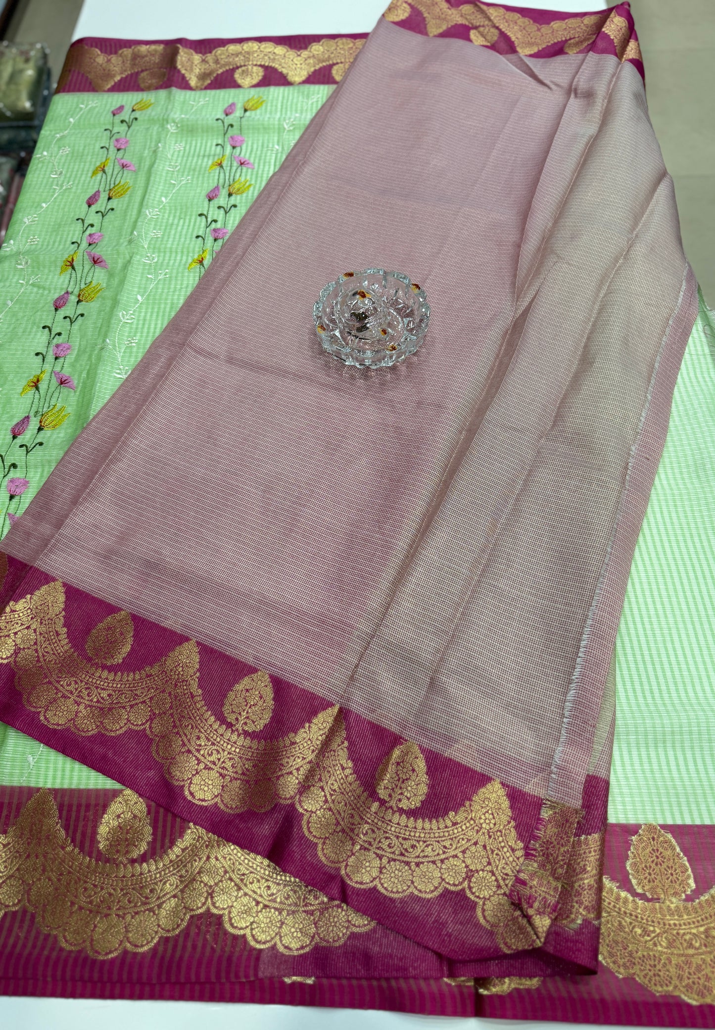 Banarasi handloom Kota check saree with mina embroidery, scalloped border and zari chit pallu