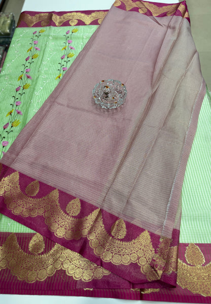 Banarasi handloom Kota check saree with mina embroidery, scalloped border and zari chit pallu