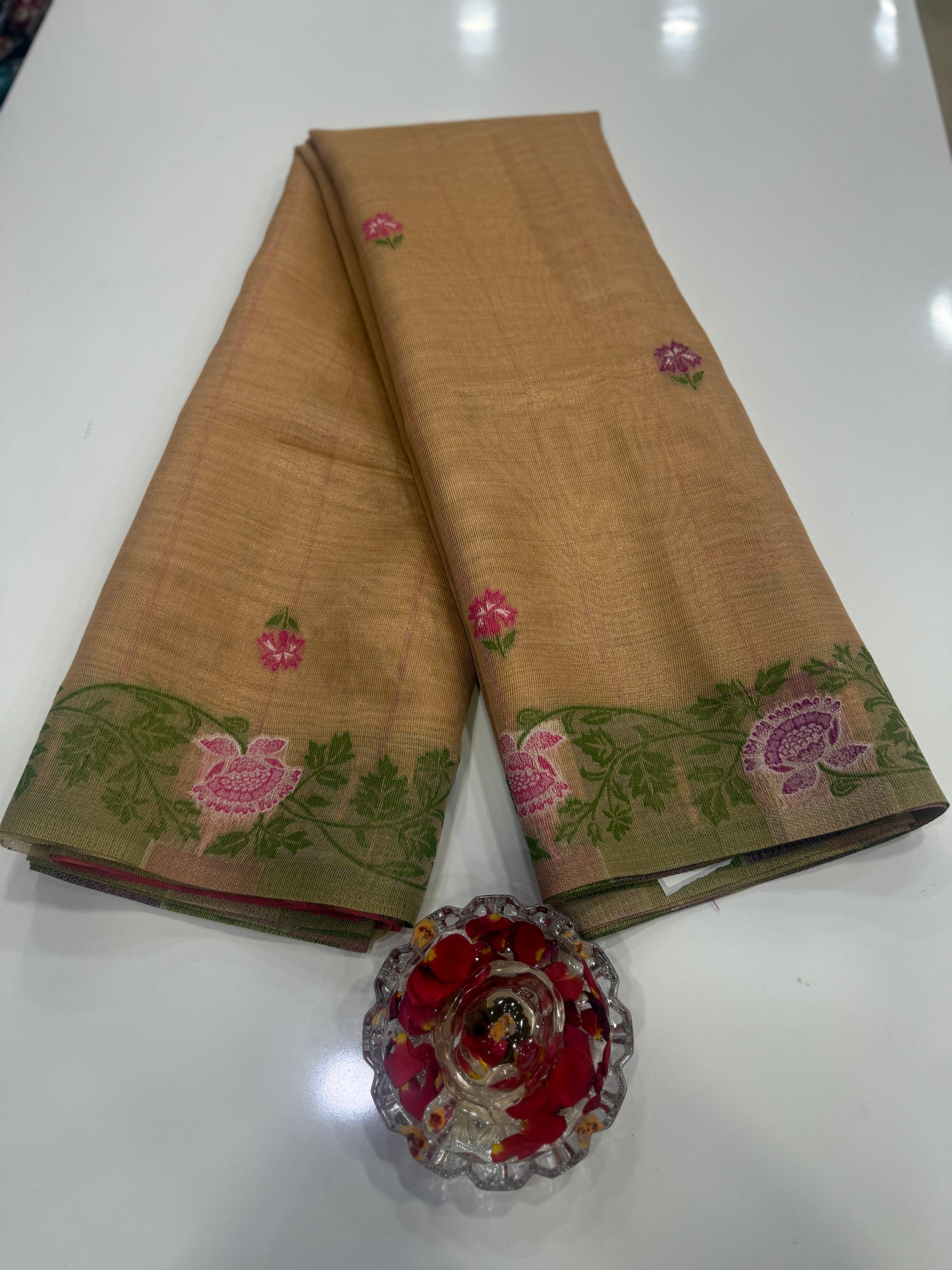 Tissue chanderi saree with floral border and tassel pallu, pastel printed saree for women