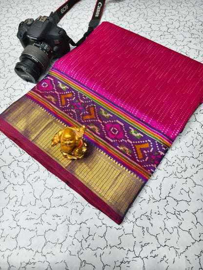Soft Pochampally Silk Saree with Printed Multi-Butta Design and Contrast Running Blouse