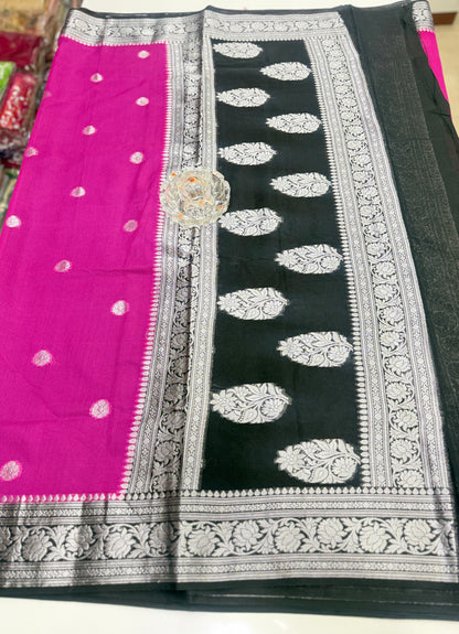 Banarasi semi georgette silk saree with silver zari buti design, contrast pallu and woven border for women