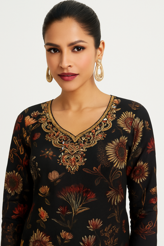 Natural Crepe Kurta Set with Mirror Handwork and Printed Viscose Dupatta – XL to 3XL Sizes