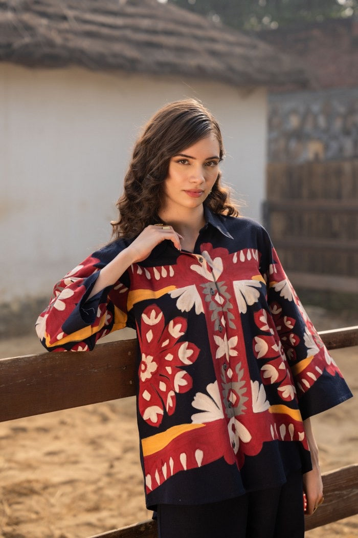 Cotton Poplin Oversized Co-Ord Set with Hand Brush Painted Design – Artistic Casual Wear for Women (Sizes 38 to 44)