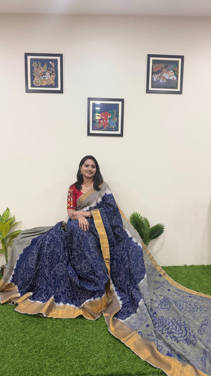 Chennuri Pure Silk Saree with Outline Kalamkari Design and Traditional Kanchi Borders