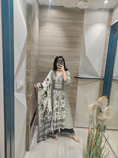 Women’s digital viscose silk kurta set with shantoon pant and muslin dupatta, sequin moti handwork, size 38–44