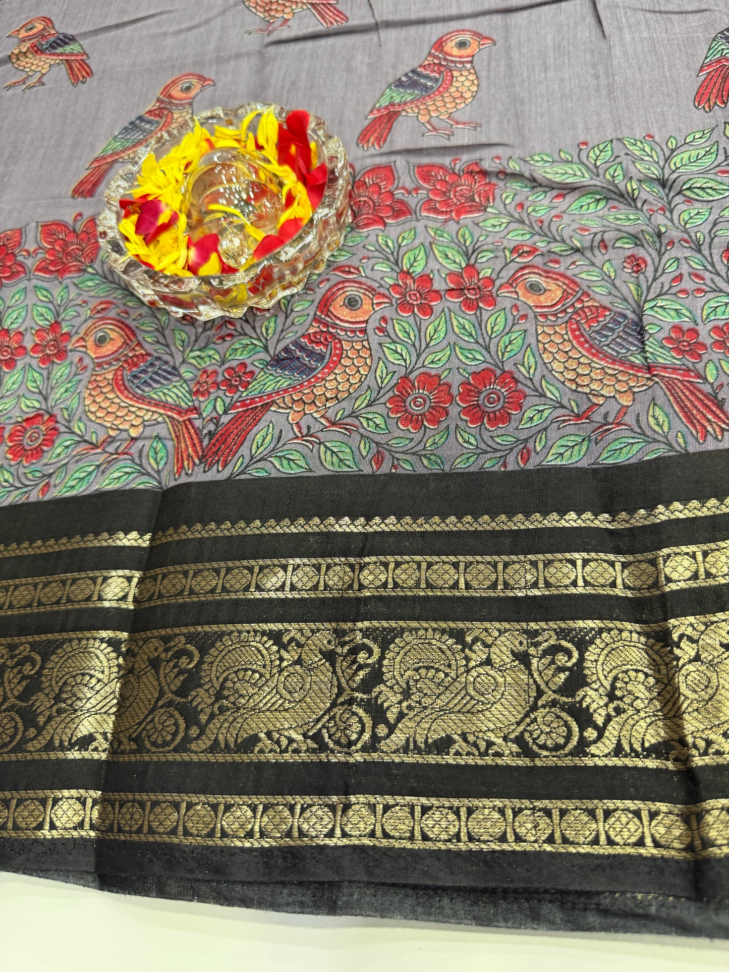 Venkatagiri style silk-blend printed saree with bird motifs and zari-style border, 6.3m women’s festive saree