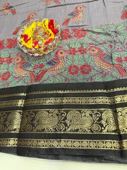 Venkatagiri style silk-blend printed saree with bird motifs and zari-style border, 6.3m women’s festive saree