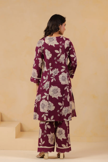 Pure Cotton Floral Printed Kurti Pant Set with Lace Detailing for Women – Wine Colour