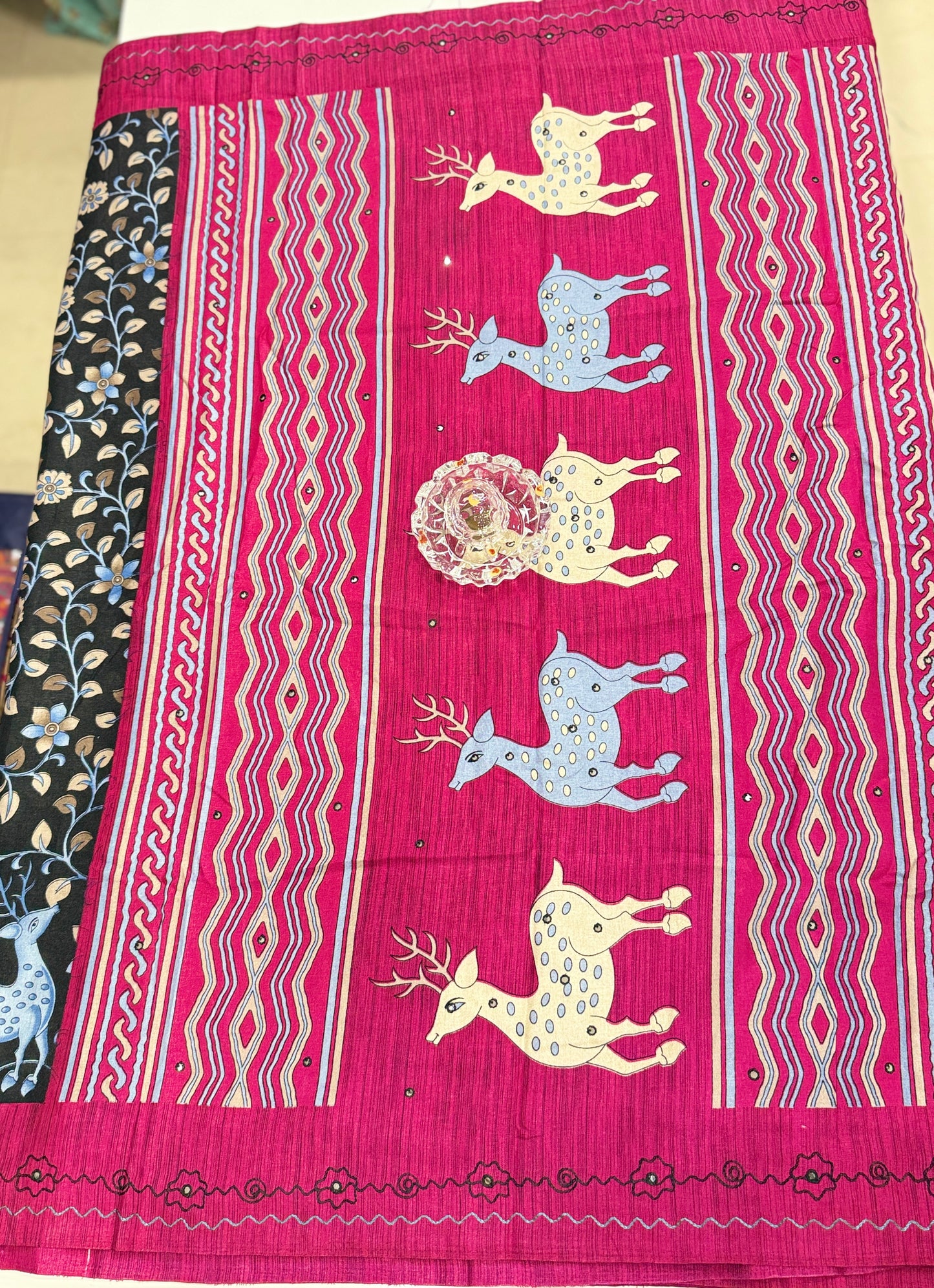 Victoria Cotton Silk Saree with Deer and Floral Print – Lightweight Traditional Cotton Silk Saree for Women