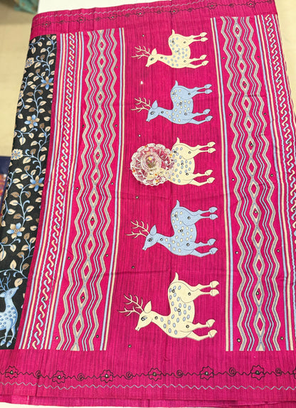 Victoria Cotton Silk Saree with Deer and Floral Print – Lightweight Traditional Cotton Silk Saree for Women