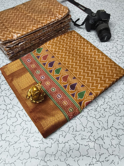 Soft Pochampally Silk Saree with Printed Multi-Butta Design and Contrast Running Blouse