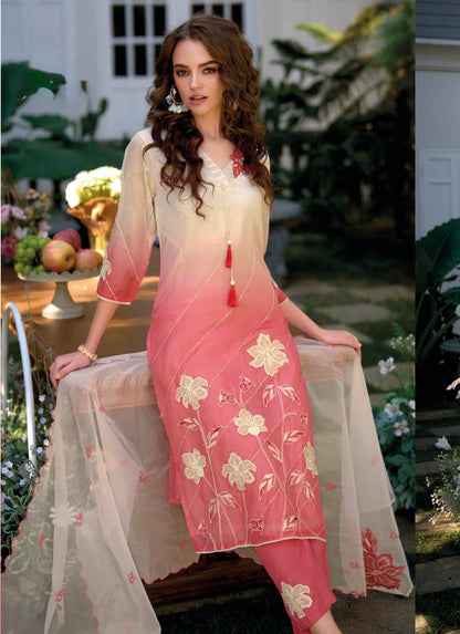 Pure Cotton Kurti Pant Set with Organza Dupatta, Thread and Applique Work – Women’s Summer Ethnic Wear