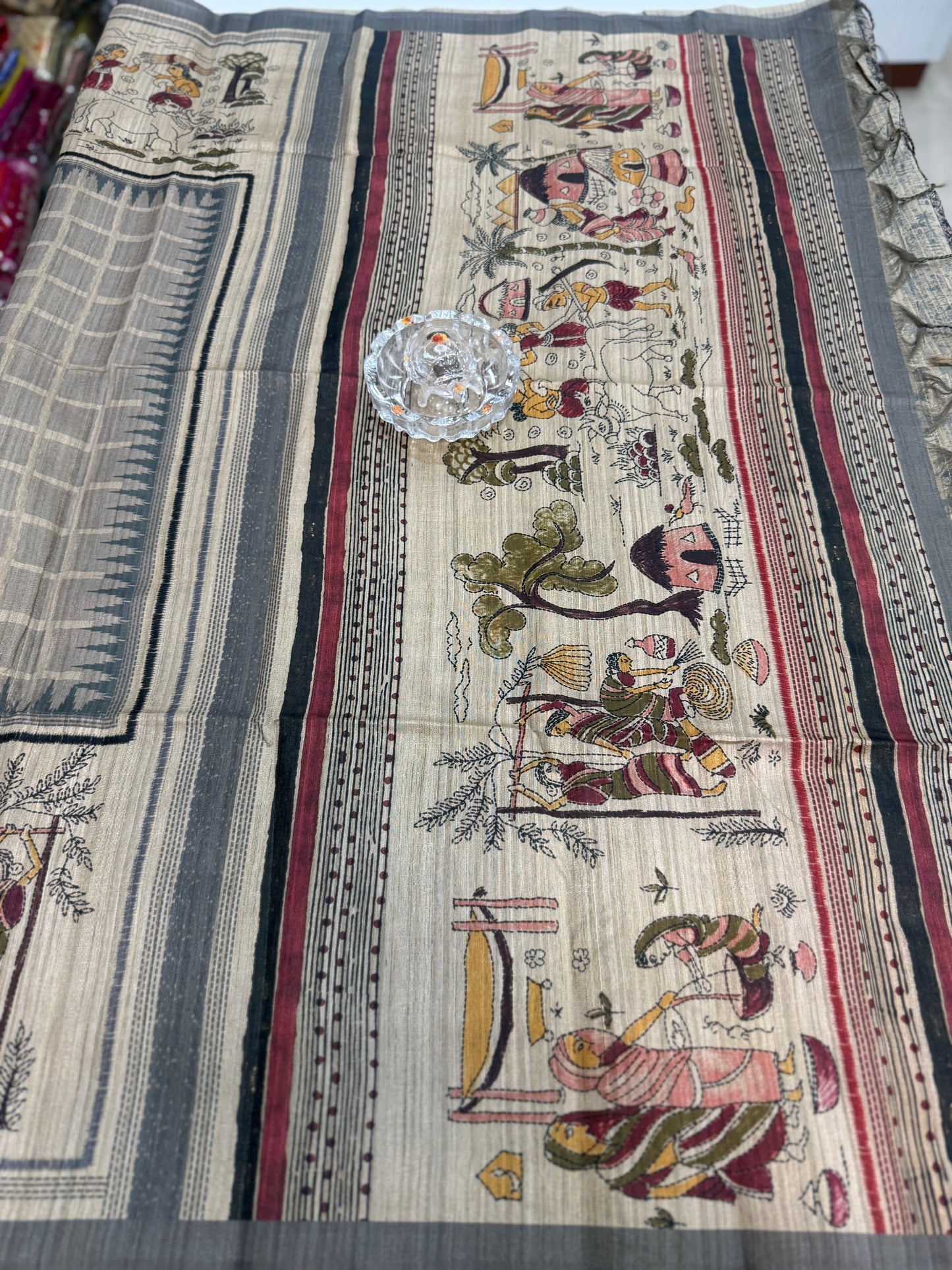 Spider Silk Saree with Folk Art Print Border and Tassel Pallu