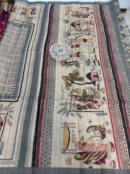 Spider Silk Saree with Folk Art Print Border and Tassel Pallu