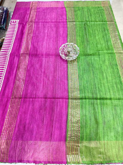 Pure Tussar Ghicha Silk Saree with Zari Border and Printed Design – Silk Mark Certified Handloom Saree