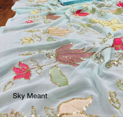 Soft Georgette Party Wear Saree with Colorful Thread Embroidery and Sequence Work for Women