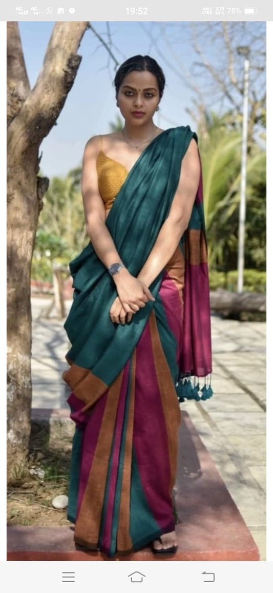 Rangoli Stripe Handloom Cotton Saree with Blouse Piece – Handwoven Traditional Pattern for Women