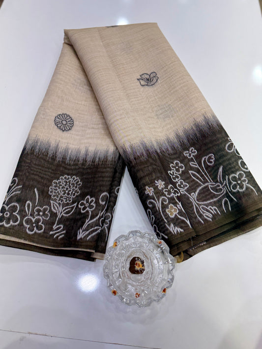 Munga cotton handloom weaving saree with woven floral border and tassel pallu for women