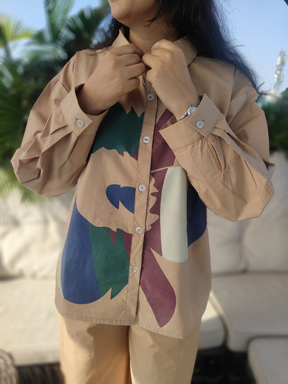 Premium Poplin Co-ord Set for Women with Abstract Print Shirt and Wide-Leg Pants – Smart Casual Outfit