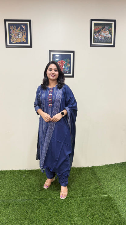 Cotton Handloom Straight Cut Kurta Pant Dupatta Set with Embroidery – Plus Sizes XL to 3XL