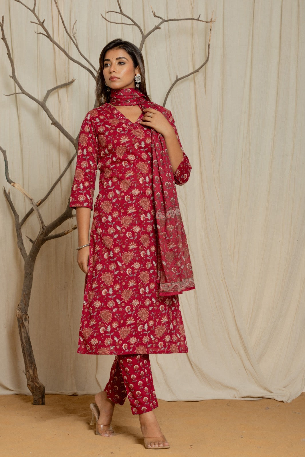 Maroon Printed Cotton SKD Set with Sequin & Thread Neck Embroidery – Plus Size – Sizes 46 to 52
