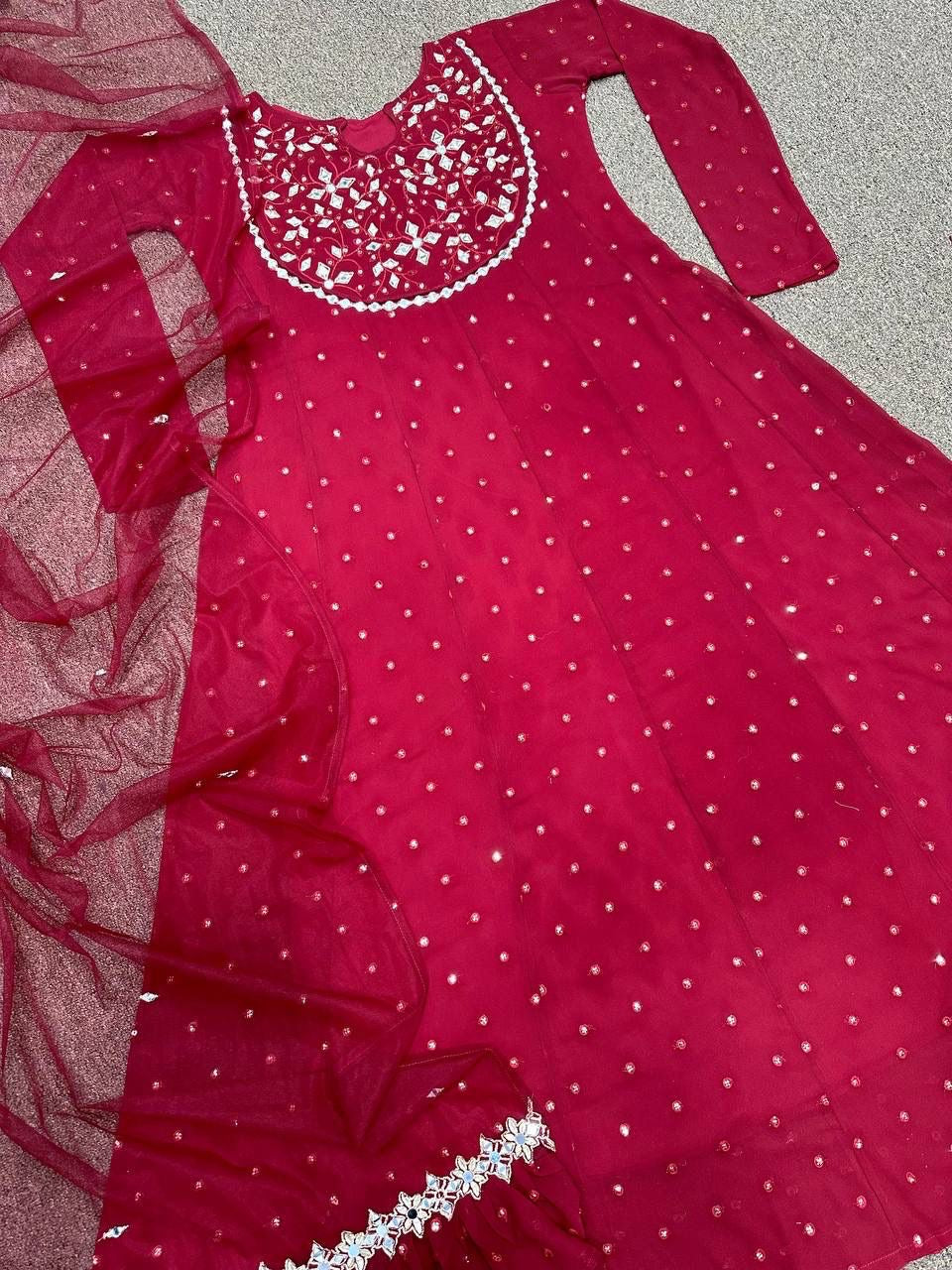 Faux Georgette Embroidered Gown with 5mm Sequins and Real Mirror Work – XL with XXL Margin – Dupatta Set