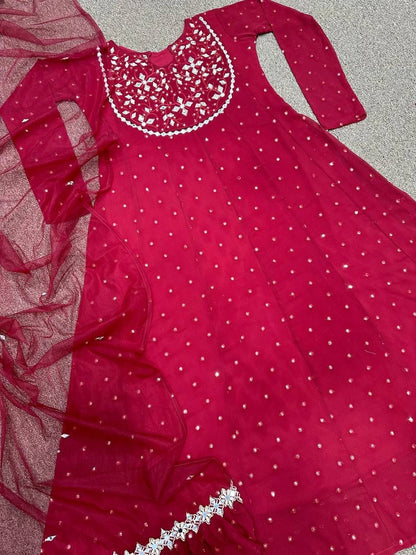 Faux Georgette Embroidered Gown with 5mm Sequins and Real Mirror Work – XL with XXL Margin – Dupatta Set