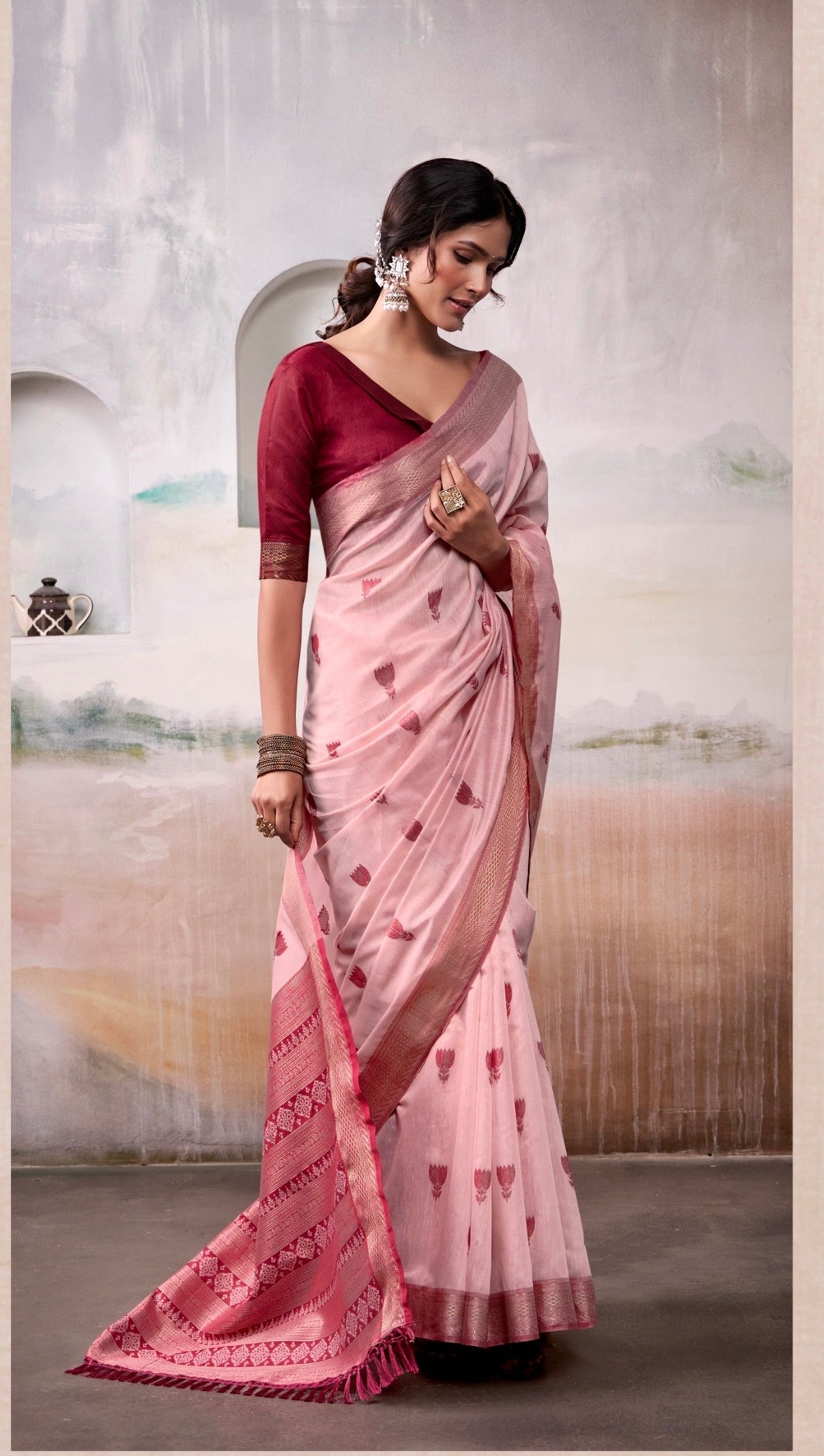 modal cotton saree with zari-style motifs and contrast border – breathable ethnic wear for women