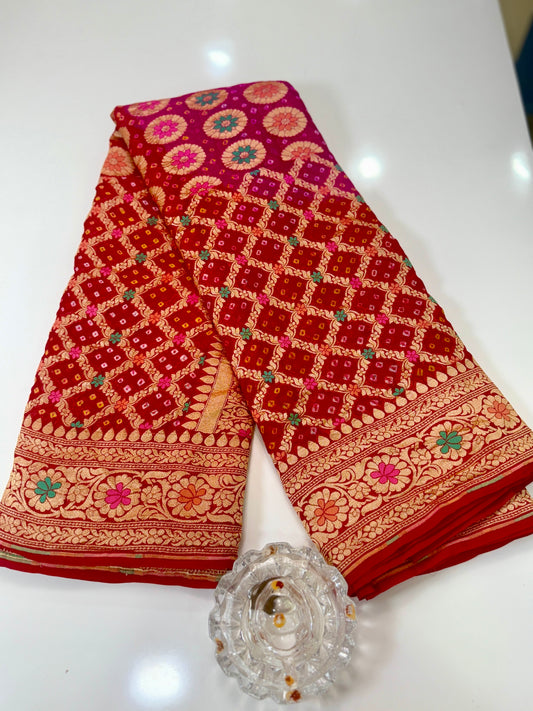 Banarasi Pure Georgette Bandhani Saree with Golden Zari Jaal and Meenakari Work – Bridal Wear