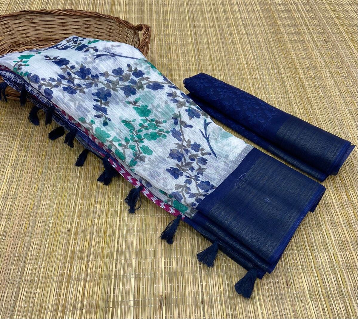 Soft Cotton Slub Saree with HD Floral Print, Zari Weaving Border, and Tassel Pallu for Women