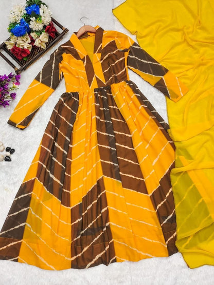 Vrinda Leheriya Georgette Kurti Pant Dupatta Set for Women – Anarkali Dupatta – Yellow & Grey – Sizes L to XXXL