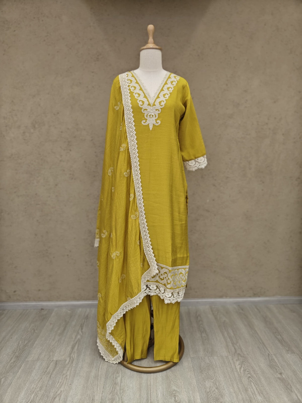 Mustard Roman Silk Kurta Set with Off-White Applique Work and Dupatta – 3-Piece Ethnic Set for Women