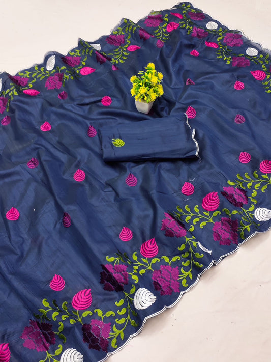 Tussar Silk Saree with Fancy Embroidery, Cutwork Border, and Matching Embroidered Blouse