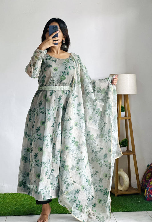 Organza Silk Anarkali Suit Set with Kali Cut, Canvas Patta, Cotton Pants and Dupatta for Women